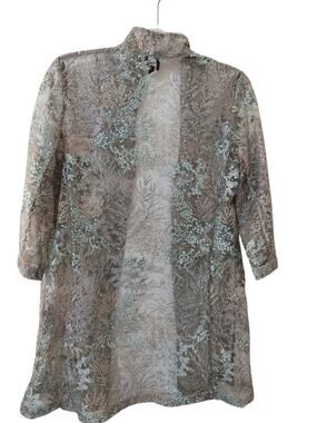 5621)Connie Roberson Grey Pastel Floral Silk Sheer Overlay Tunic Jacket Duster M